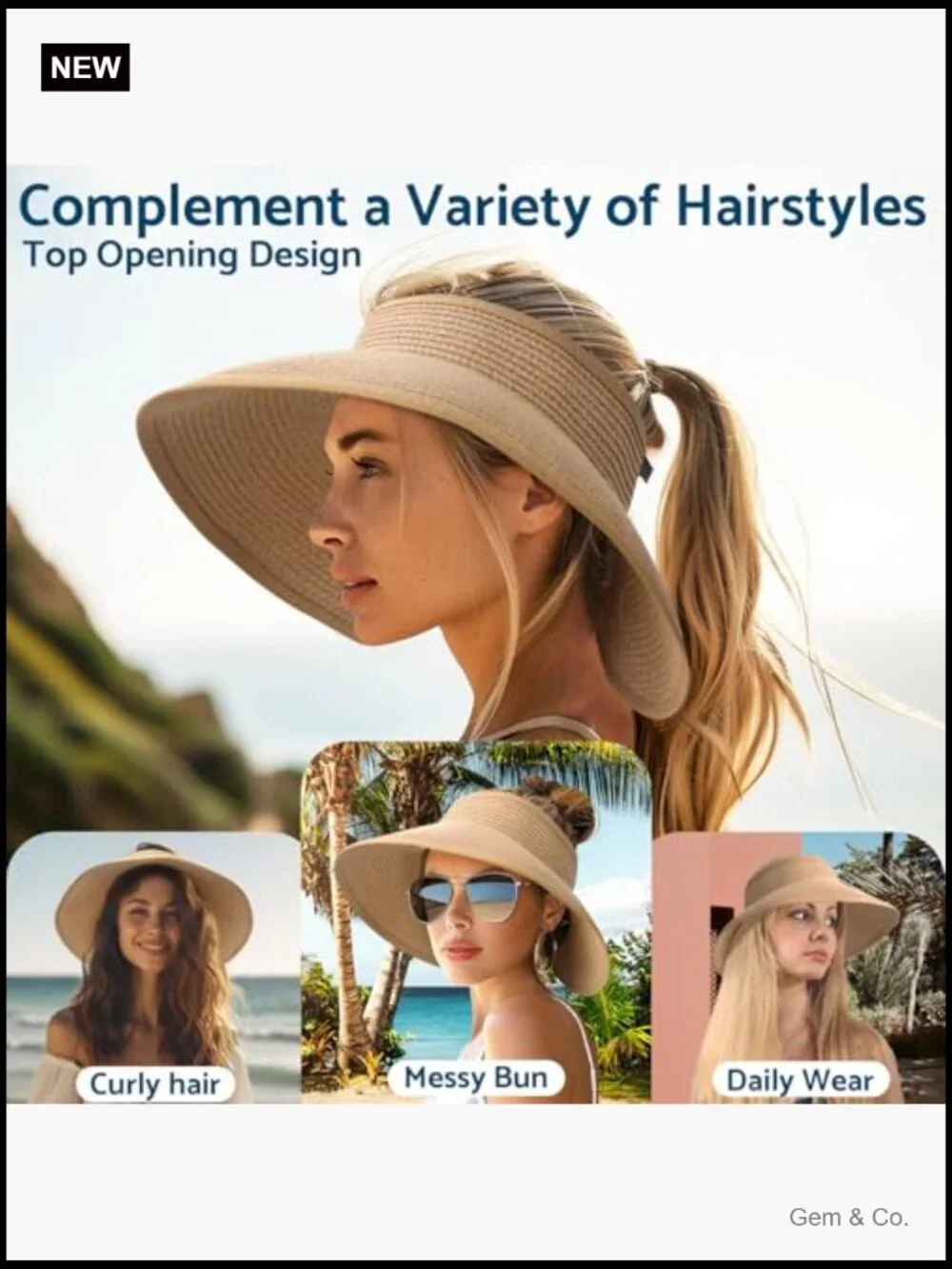 Wide Brim Sun Hat Roll-Up Beach Ponytail Visor Packable Travel